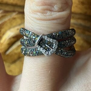 Natural Diamond Sterling Silver Buckle Ring Size 7